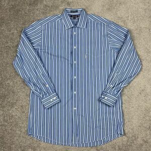 Faconnable Men’s 16L Blue White Striped Casual Button Down Shirt Front Pocket